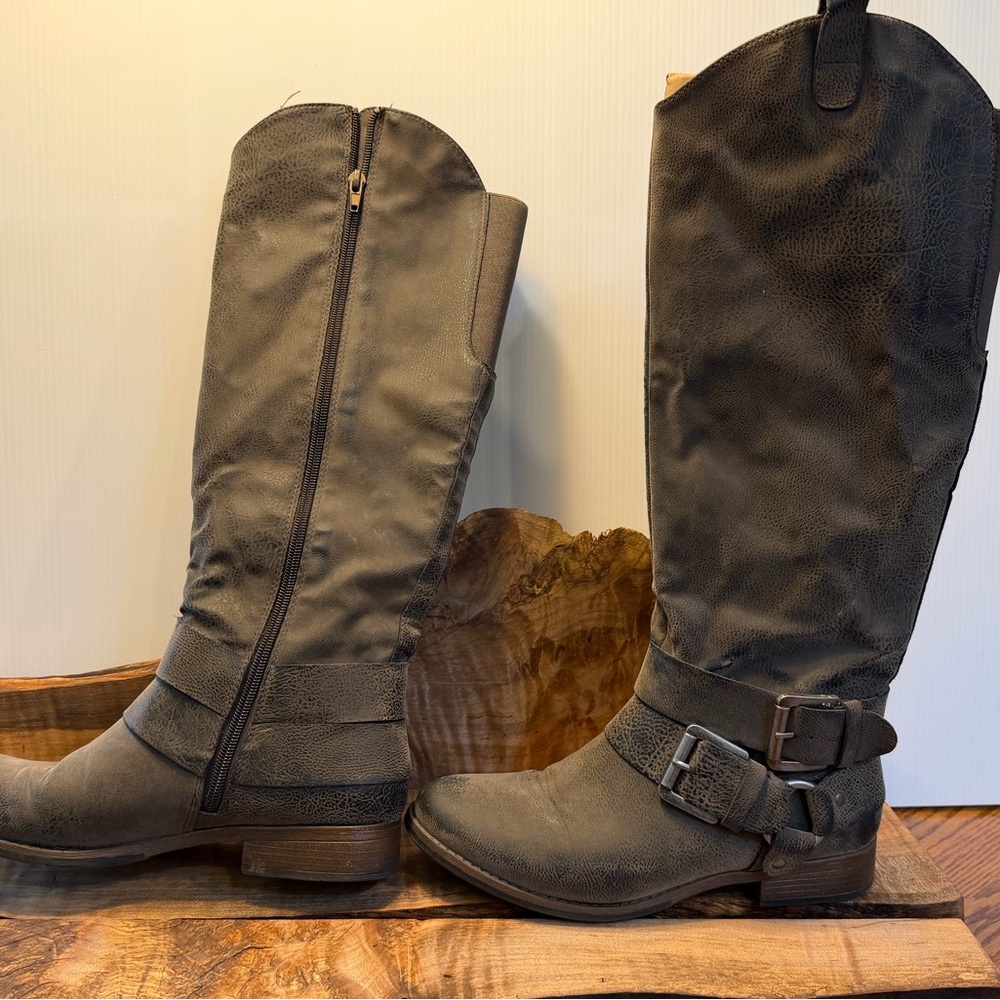 Crown Vintage Tall Buckle Riding Boots in Gray